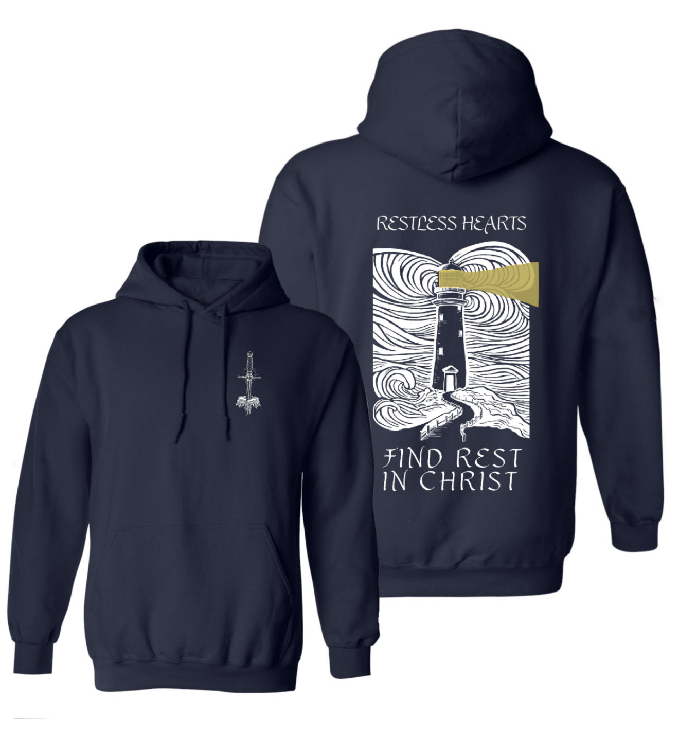 Restless Hearts Find Rest in Christ Navy Hoodie