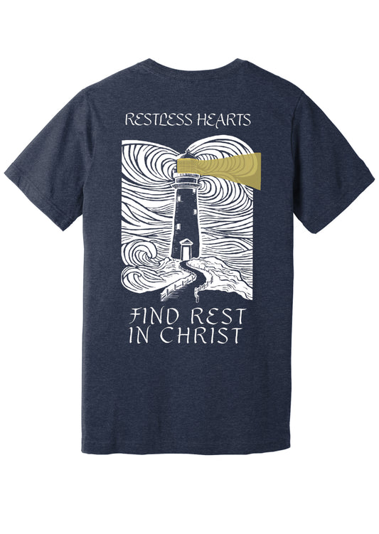 Restless Hearts Find Rest in Christ Short OR Long Sleeve Navy Tee